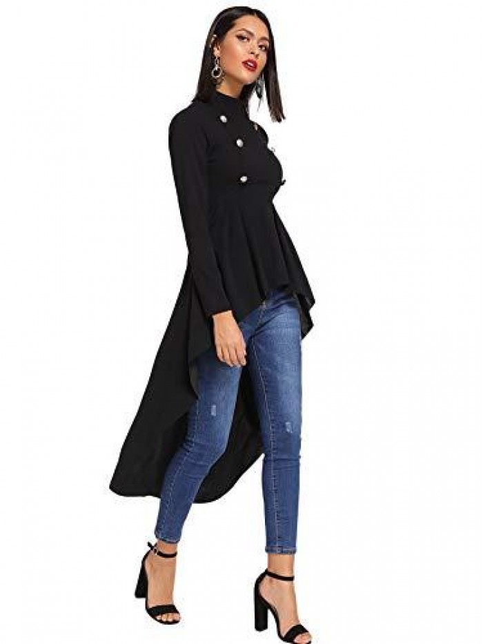 Women's Double Button Long Sleeve Round Neck Asymmetrical Blouse Tops 