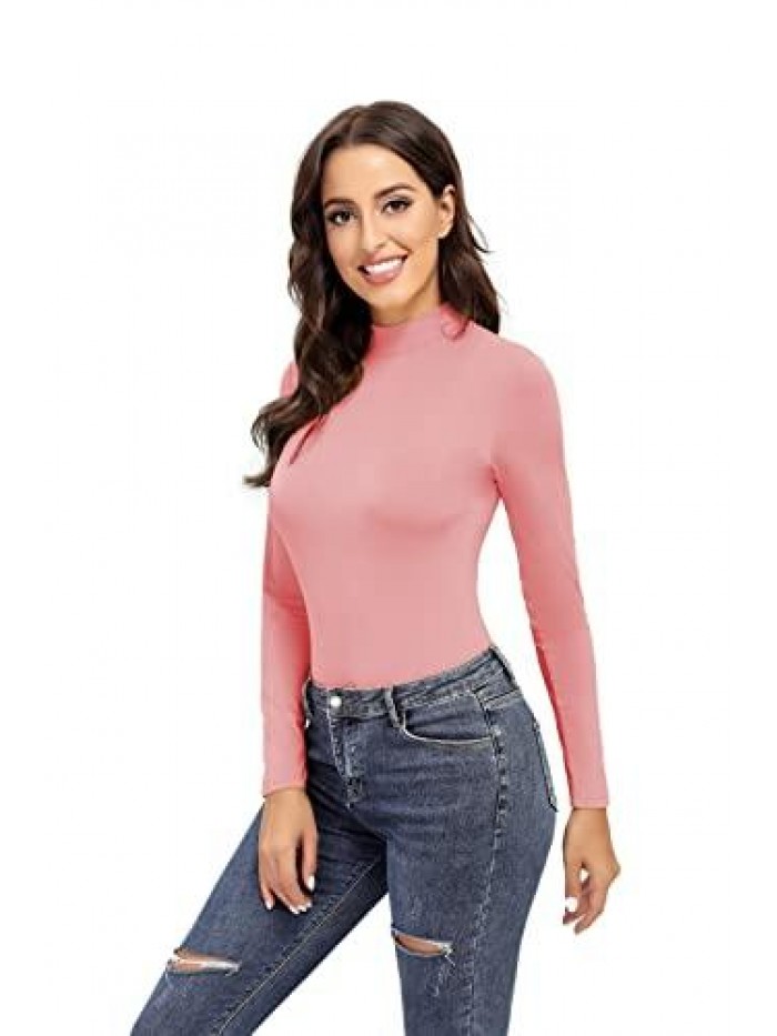 Long Sleeve Slim Fit Mock Turtleneck Basic Stretchy Lightweight Layer Tops 