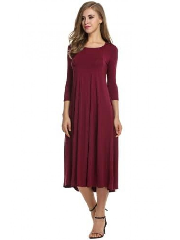 Women's 3/4 Sleeve A-line and Flare Midi Long Dress 