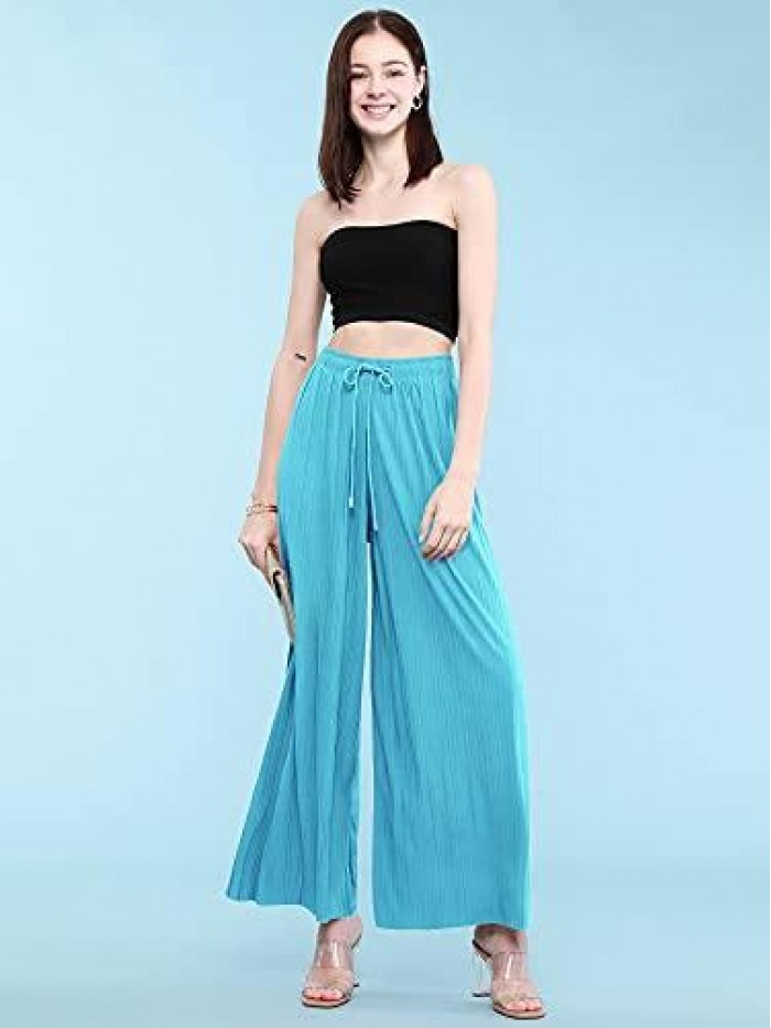 By Johnny Women's Pleated Wide Leg Palazzo Pants with Drawstring 