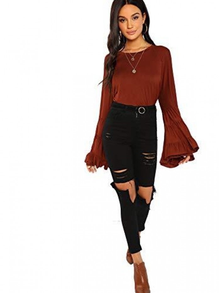 Women's Casual Boho Ruffle Long Bell Sleeve Tops Tee Shirt 