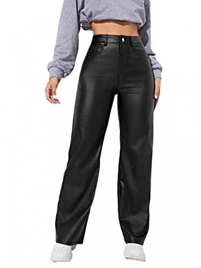 Women's High Waist Pockets Straight Leg Jeans Leather Look Pants 