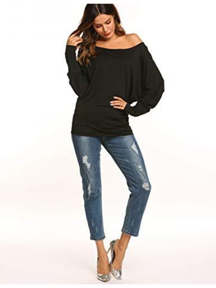 Women's Off Shoulder Tops Casual Loose Shirt Batwing Sleeve Tunics Blouse 