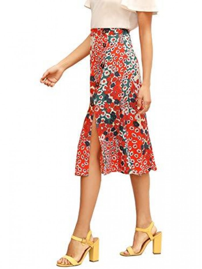 Women's Boho Floral High Waist Split A Line Midi Skirt 