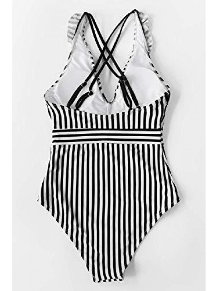 Women's V Neck One Piece Swimsuit Ruffled Back Cross Swimwear 