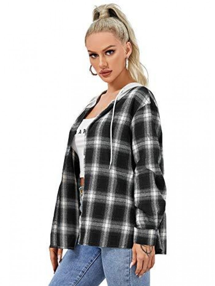 Women's Plaid Button Front Long Sleeve Drawstring Hoodie Overshirt Jacket 