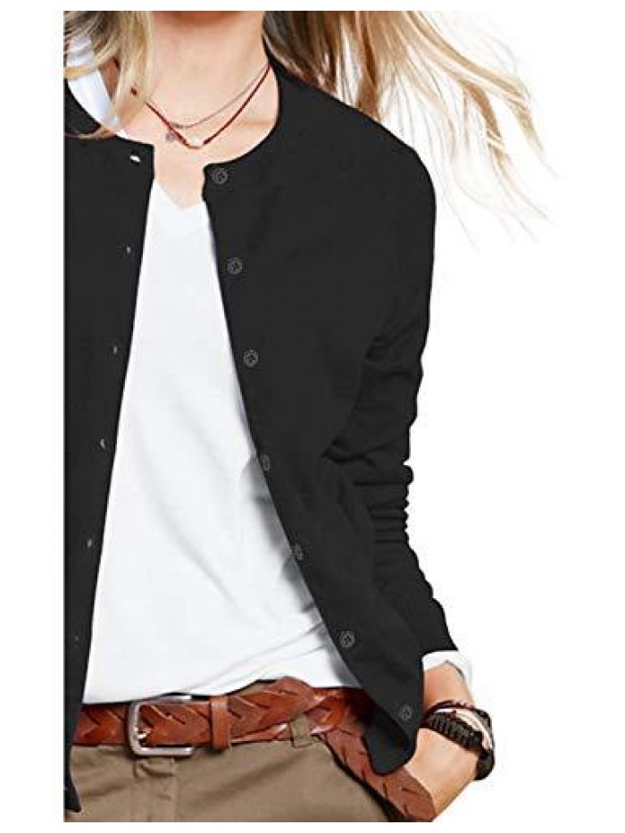 Women's Button Down Crew Neck Long Sleeve Soft Knit Cardigan Sweaters 