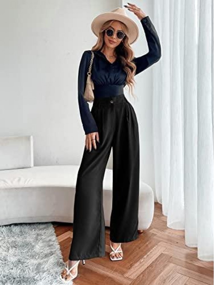 Women's Casual High Waist Wide Leg Pants Trousers with Pocket 