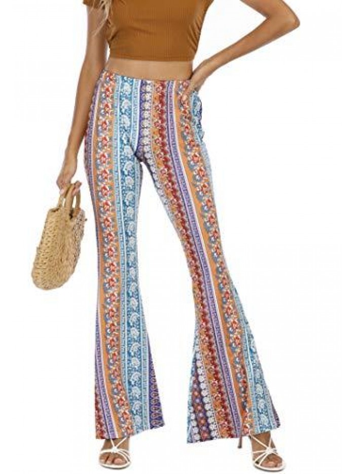 Women's Print Stretch Bell Bottom Flare Palazzo Pants Trousers 