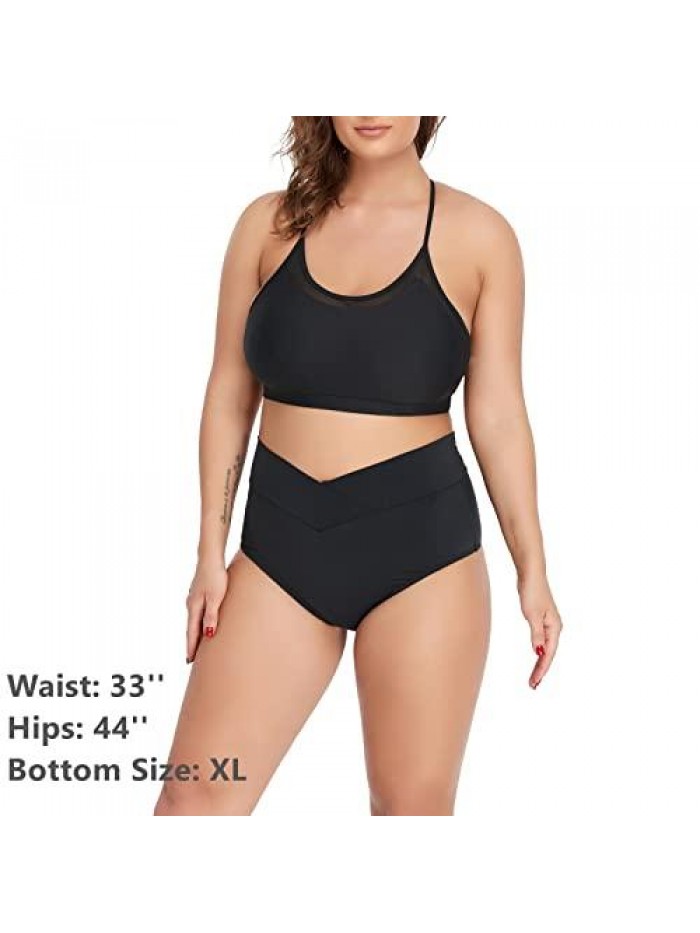 Womens' Black Crossover V High Waisted Cheeky Ruched Bikini Tankini Bottom 