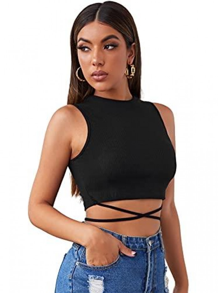 Women's Crisscross Tie Back Crop Top Sleeveless Round Neck Tanks Vest 