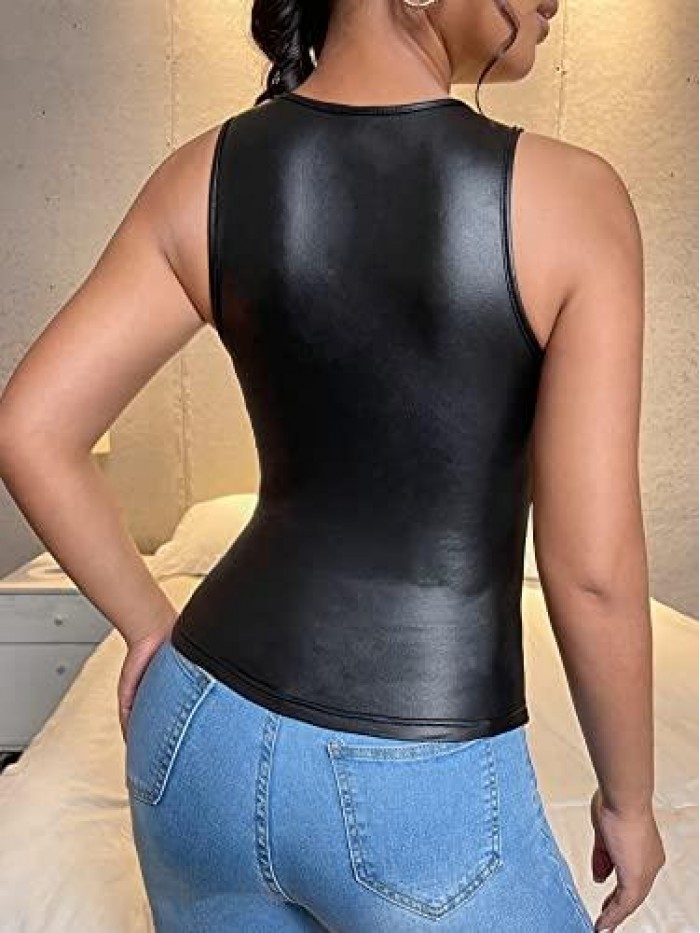 Women's Casual Faux Leather Tank Top Slim Fit PU Leather Vest 