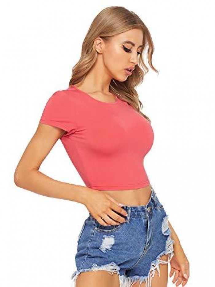 Women's Basic Short Sleeve Scoop Neck Crop Top 