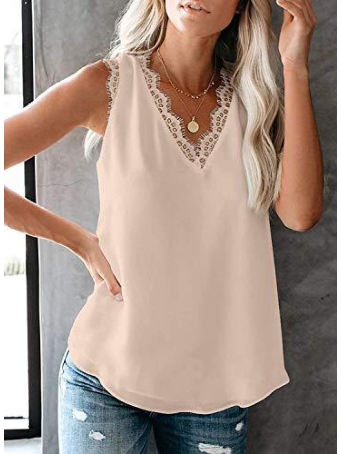 Women's V Neck Lace Trim Casual Tank Tops Sleeveless Blouses Shirts 