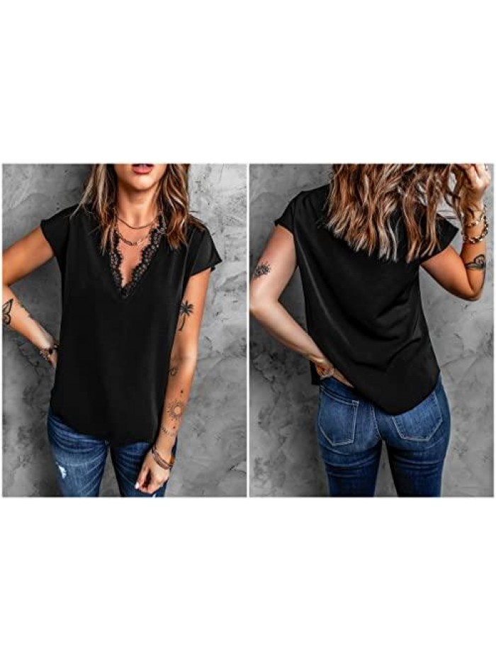 flare Dressy Lace Trim Blouse Tops Popular Short Sleeve Shirt 