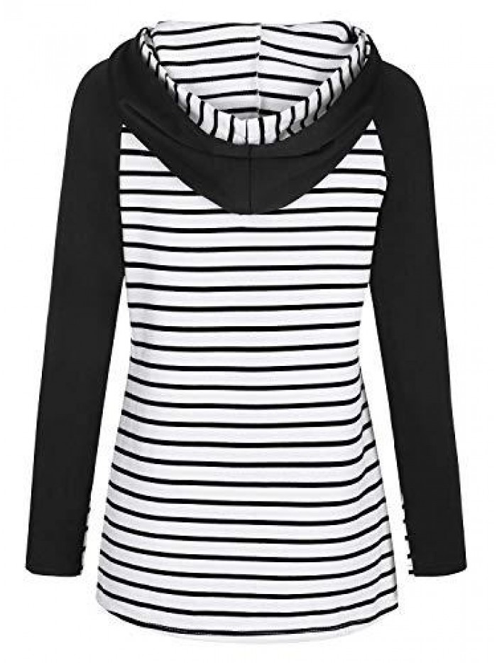 Womens Striped Spliced Hoodie Double Hooded Sweatshirts Tunic Tops 