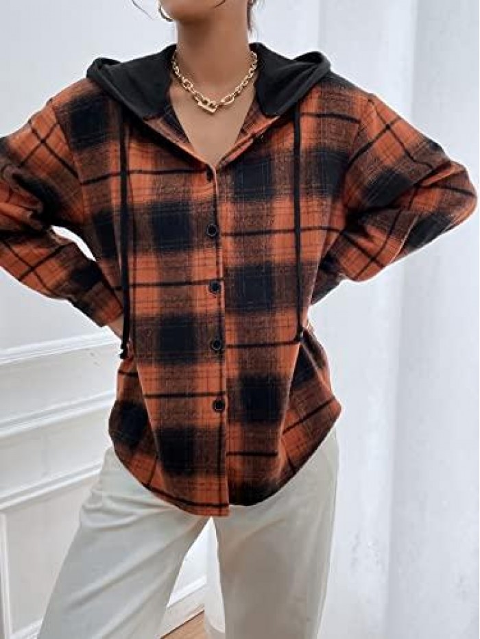 Women's Plaid Print Long Sleeve Drawstring Hoodie Thermal Jacket Coat 