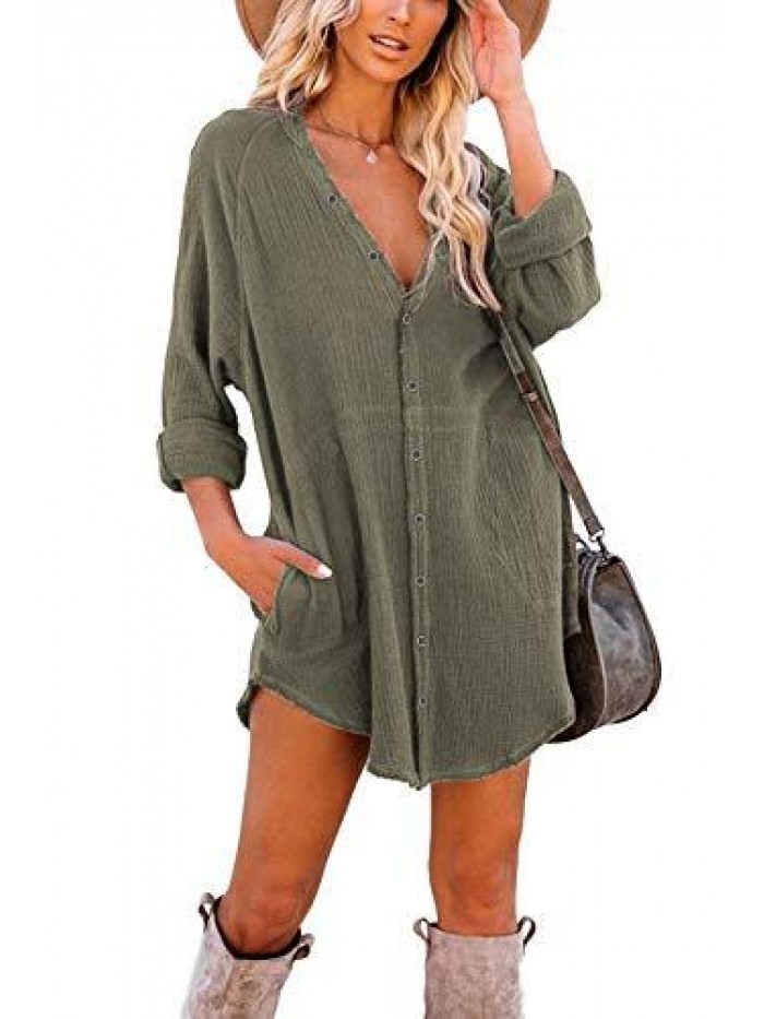 Women's Long Sleeve Button Down Tunic Dresses with Pockets 