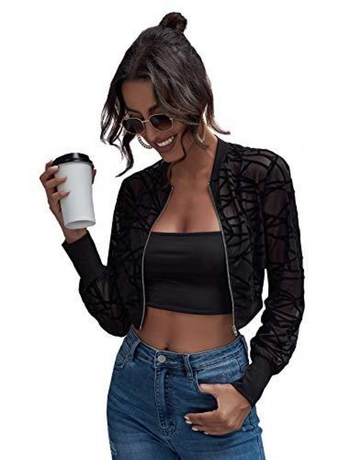 Women's Casual Mesh Lightweight Zip Up Geo Crop Bomber Jacket Coat 