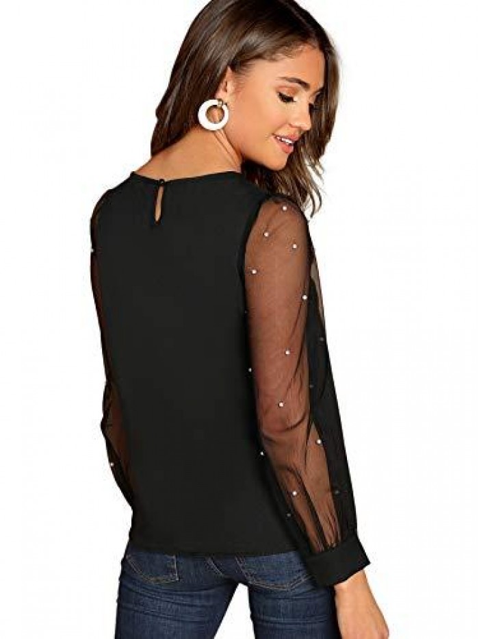 Women's Pearl Sheer Mesh Long Sleeve Tops Blouse 