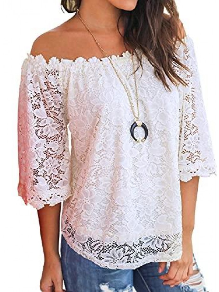 Women's Lace Off Shoulder Tops Casual Loose Blouse Shirts 