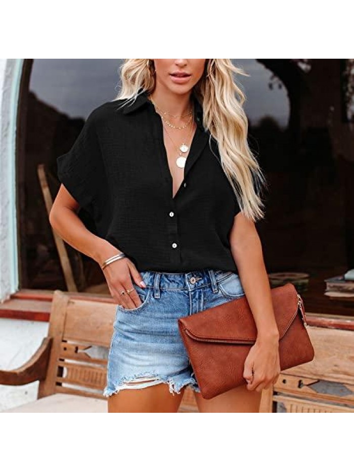 Women Short Sleeve Button Down Shirts Linen Casual Collar Blouses 