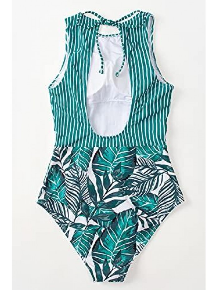 Women's Striped Leafy One Piece Swimsuit 