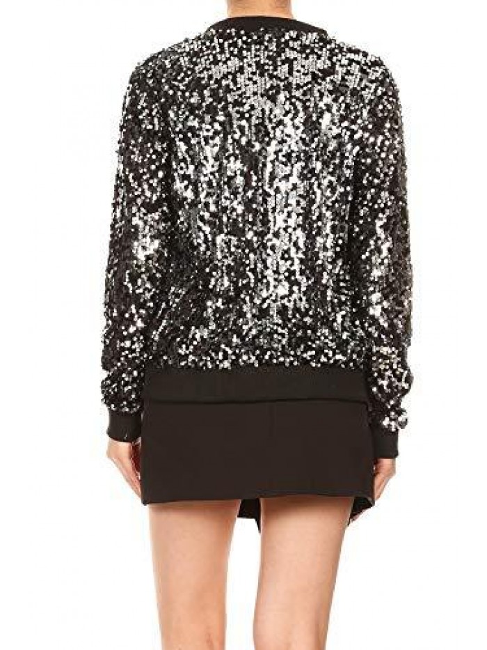 Womens Sequin Long Sleeve Front Zip Jacket with Ribbed Cuffs 