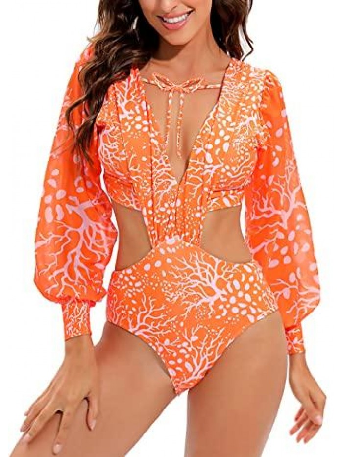 Women's Rashguard Long Sleeve Zip Swimsuit Print Surfing one Piece Swimwear 