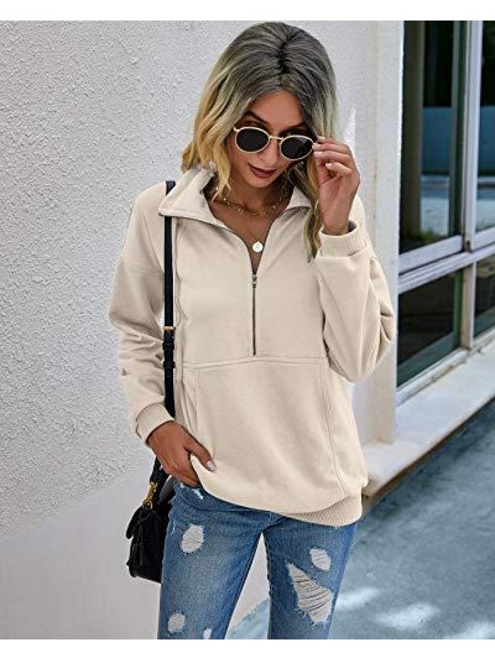 Women’s Casual Long Sleeve Lapel Zipper Sweatshirt Drawstring Loose Pullover Tops 