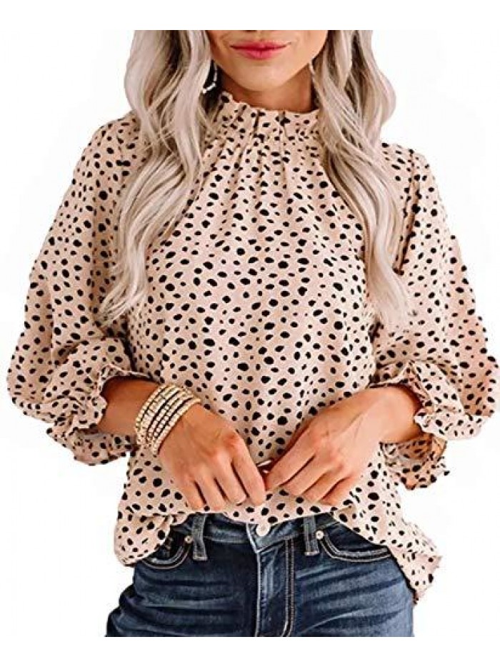 Women's Leopard Printed Ruffle Hem Long Sleeve Mock Neck Blouses Top 