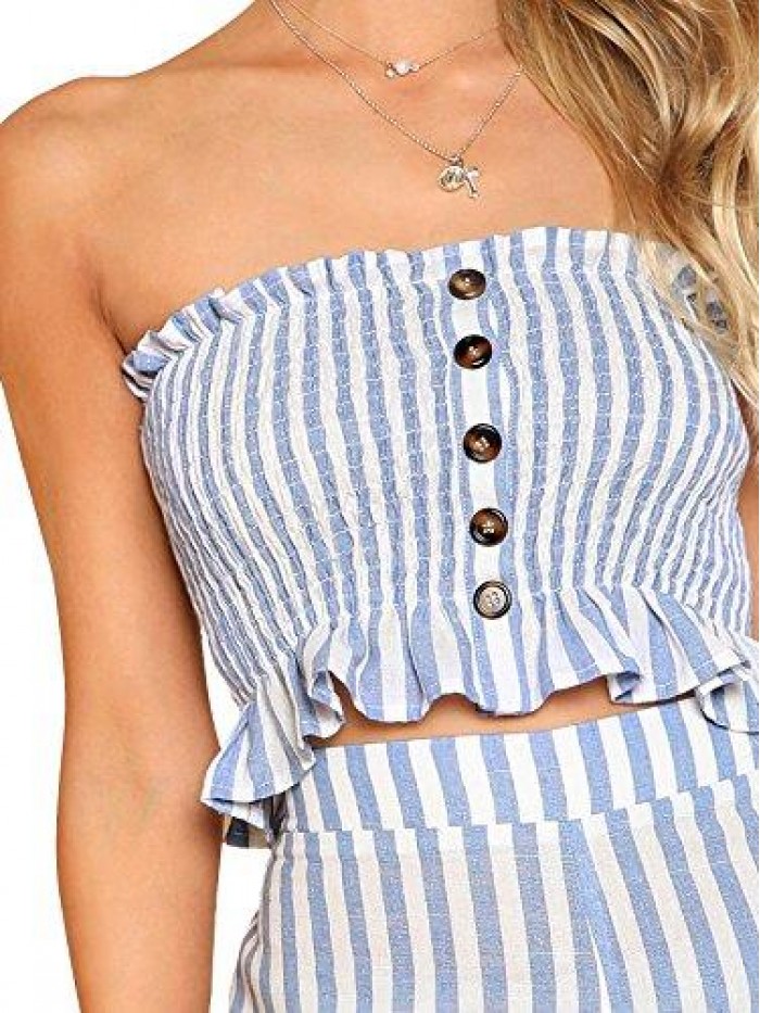 Women's Summer 2 Piece Outfits Strapless Tube Top and Pants Sets 