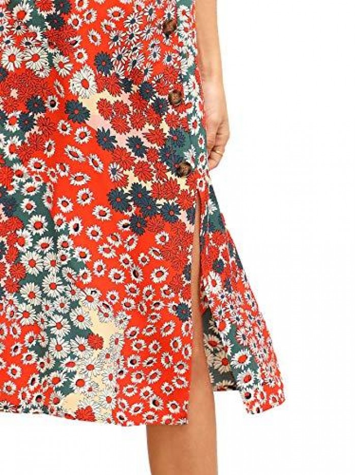 Women's Boho Floral High Waist Split A Line Midi Skirt 