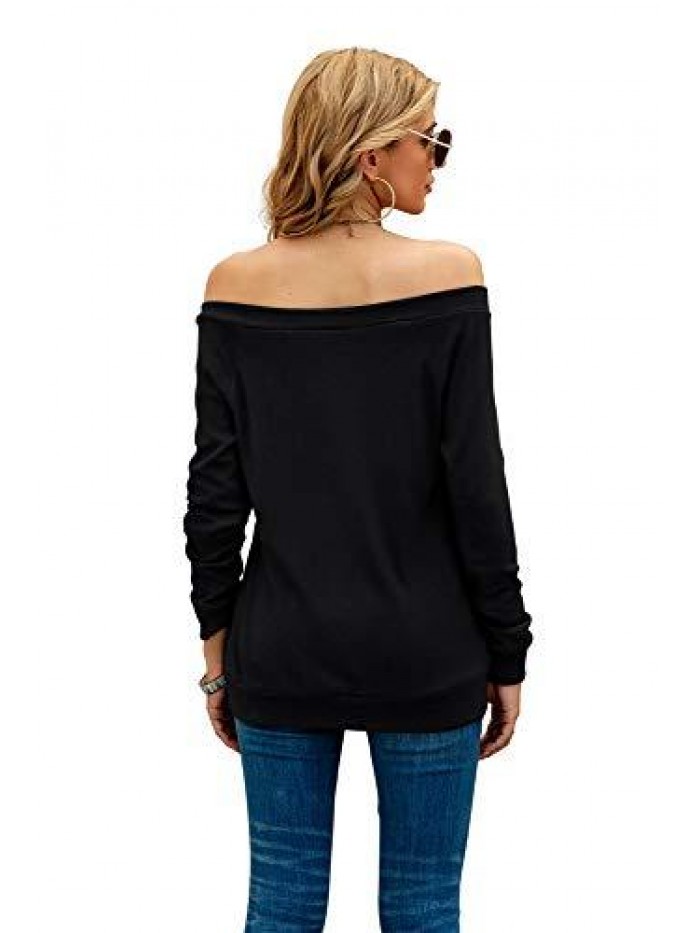 Women's Long Sleeve Boat Neck Off Shoulder Blouse Tops 