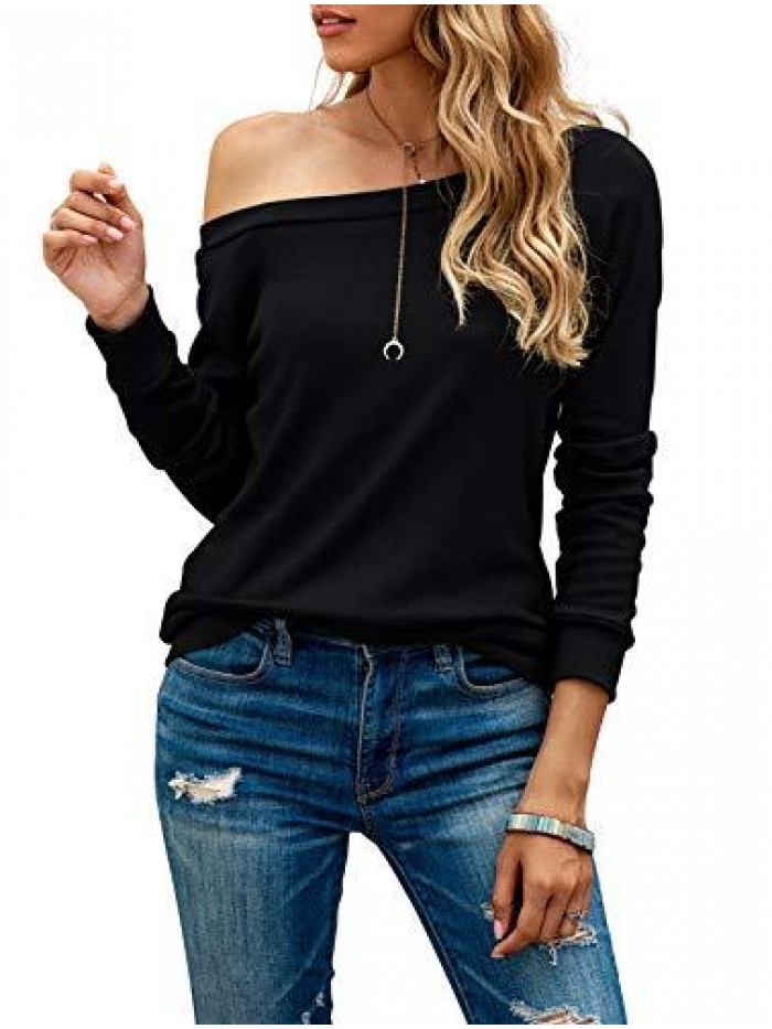 Women's Long Sleeve Boat Neck Off Shoulder Blouse Tops 