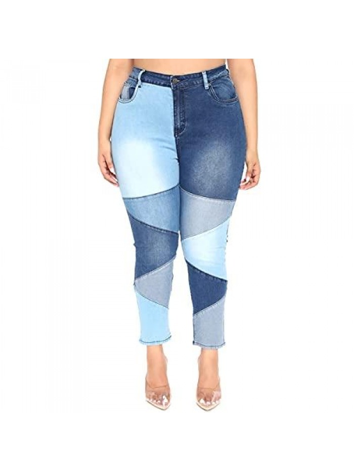 Women Mid Waist Stretchy Patchwork Denim Pants Jeans 