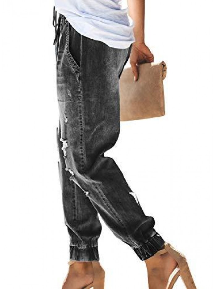 Women Pull-on Distressed Denim Joggers Elastic Waist Stretch Pants 