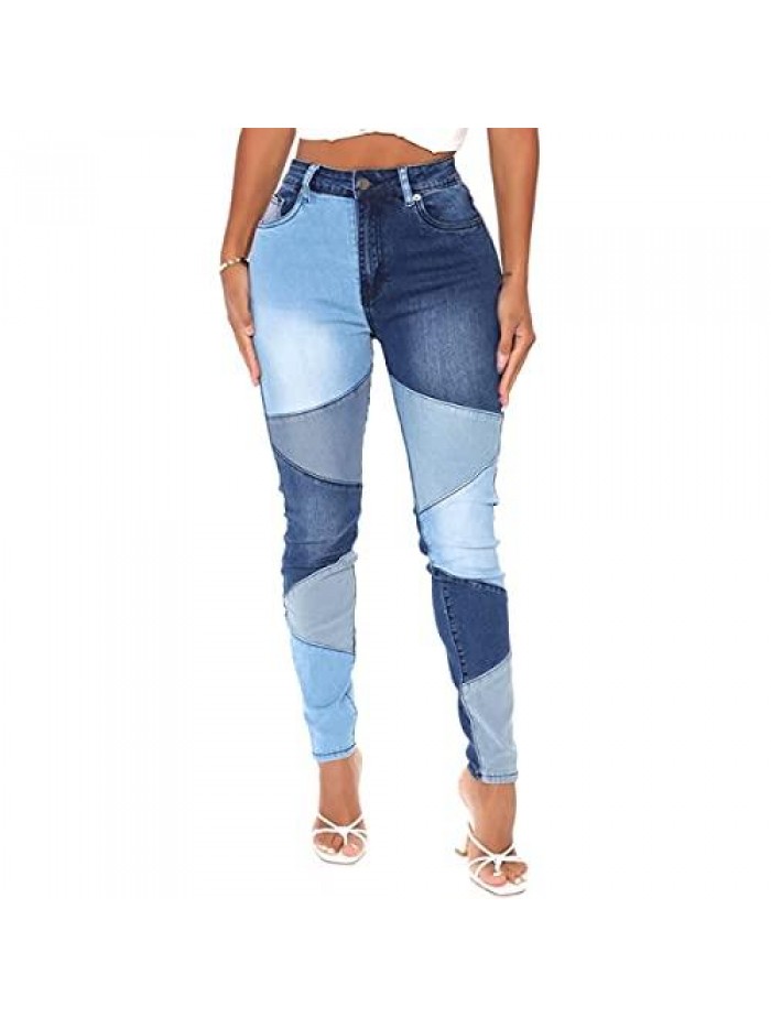 Women Mid Waist Stretchy Patchwork Denim Pants Jeans 