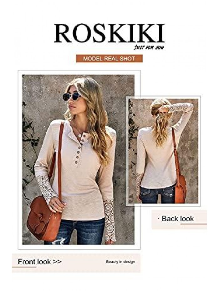 Womens Crochet Hollow-Out Sleeve Button Down Ribbed Knitted Pullover Tops 