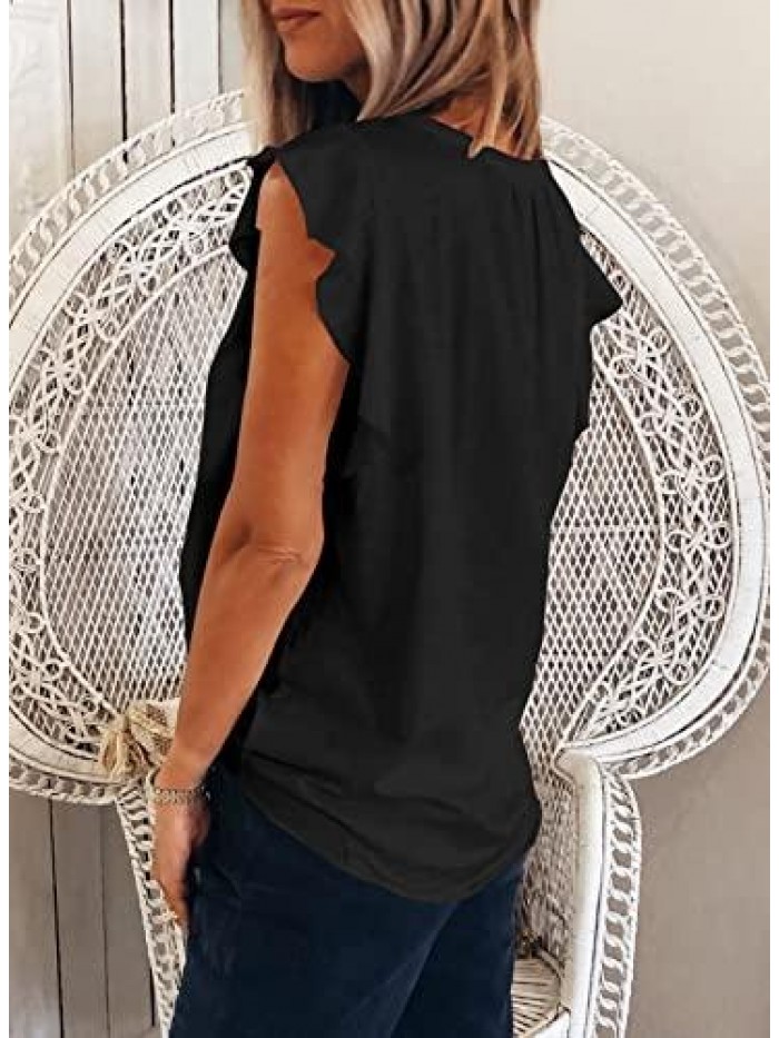 Summer Women's Casual V Neck Ruffle Sleeve Tank Top Tshirts 