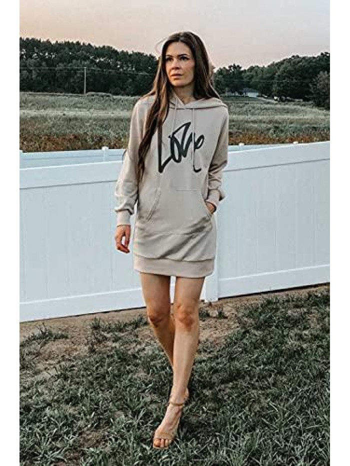 Women's Hooded Sweatshirt Drawstring Lightweight Long Sleeve Pullover Hoodie Dress 