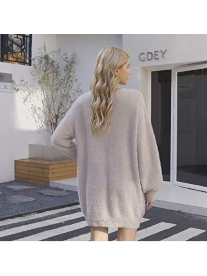 Women's Furry Crewneck Oversized Loose Long Pullover Sweater Dress 