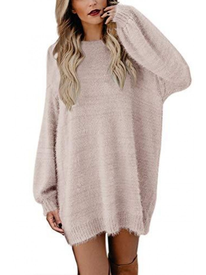 Women's Furry Crewneck Oversized Loose Long Pullover Sweater Dress 