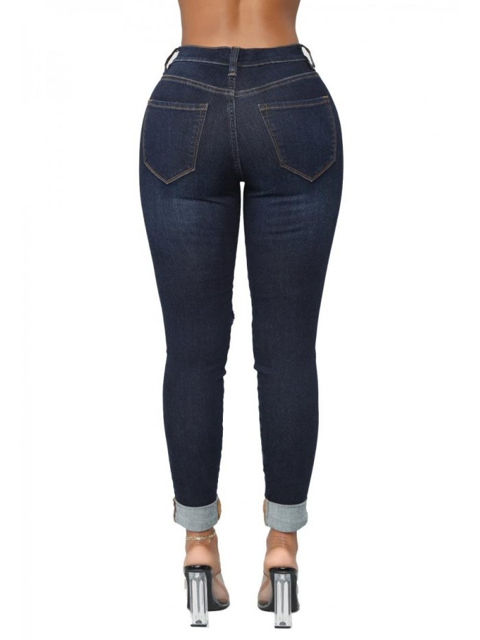 Women's Skinny Jeans Ripped Mid Rise Stretch Destroyed Denim Pants Jeans 