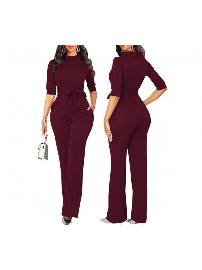 Elegant Jumpsuits Dressy Long Sleeve Straight Long Pants Rompers with Pockets 