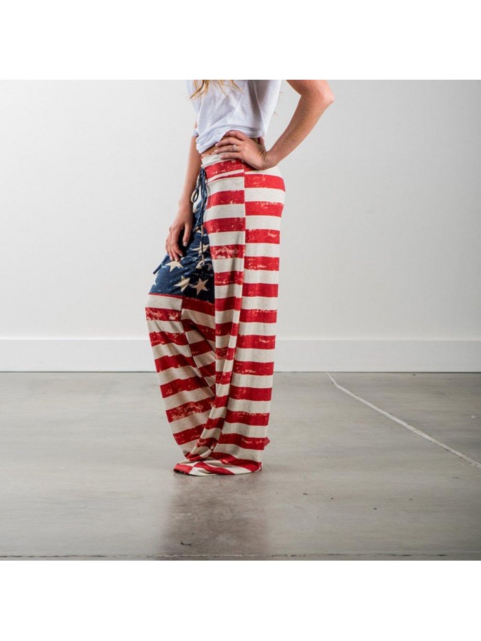 of July Women's American Flag Drawstring Wide Leg Pants Leggings 