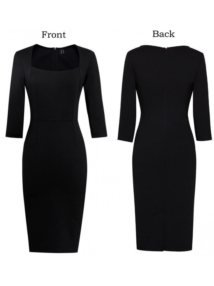 Womens Square Neck Work Business Cocktail Party Bodycon Sheath Dress 