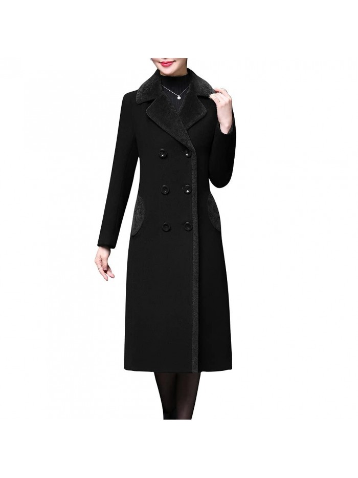 Women's Double-Breasted Notched Lapel Midi Wool Blend Pea Coat Jackets 