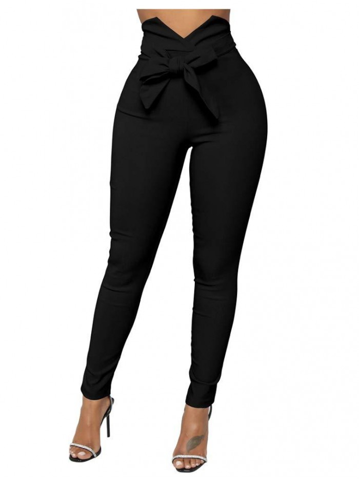 Women's Casual High Waist Stretch Trousers Solid Pencil Pants with Tie 