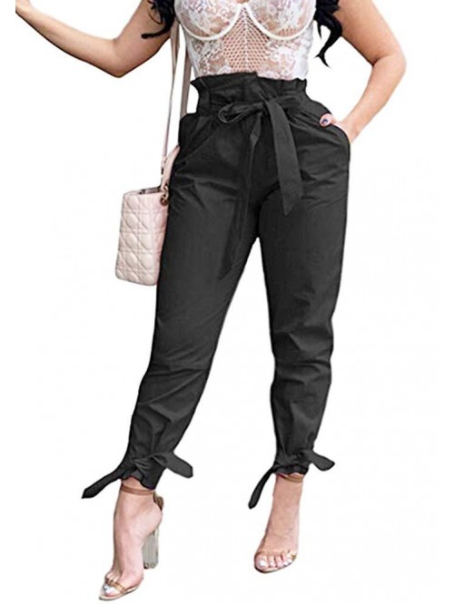 Women's Casual Loose Paper Bag Waist Long Pants Tr...